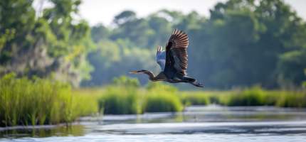 Ein Reiher fliegt über das Moor