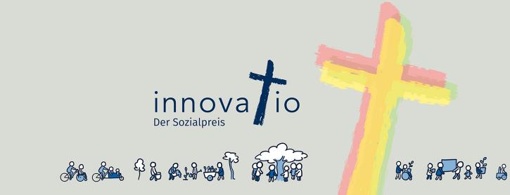 Das Logo von dem Sozialpreis innovatio mit Piktogrammen von Menschen und einem bunten handgezeichnetem Kreuz.