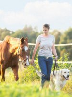 Eine junge Frau geht mit Ihrem Pferd und Hund spazieren.